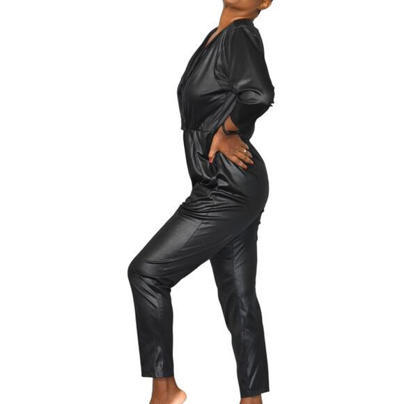Vintage Stash Wet Look Jumpsuit Black Faux Leather Shiny 80s Shoulder Pads Small - Picture 7 of 15